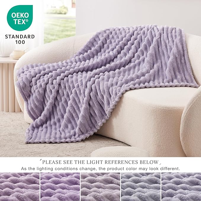 EXQ Home Fleece Blanket Queen Size for Couch or Bed - 3D Stripe Jacquard Decorative Blankets - Cozy Soft Lightweight Fuzzy Flannel Blanket Suitable for All Seasons(90"×90",Light Purple)