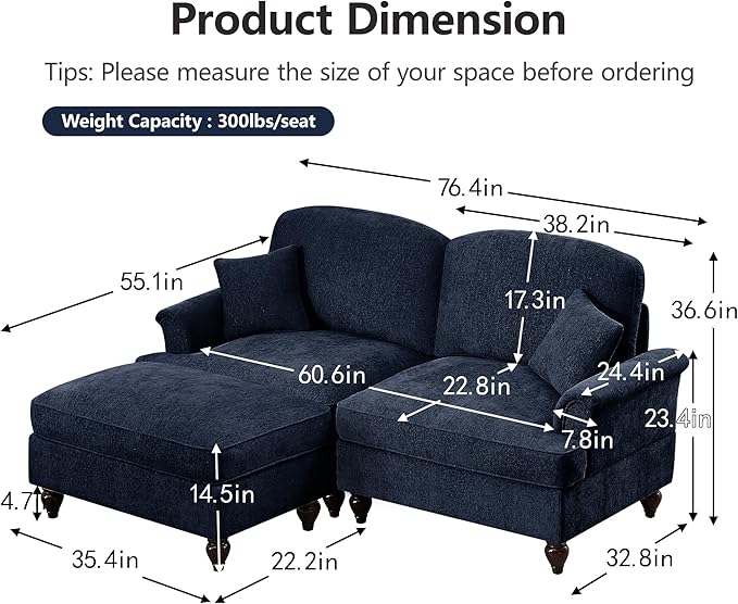 KEIKI Mid Century Modular Sofa with Flared Arms and Skirted Design, 76" Loveseat with Ottoman Chenille L-Shaped Sectional Couches for Living Room, Small Home Soft Chaise Lounge Indoor, Blue