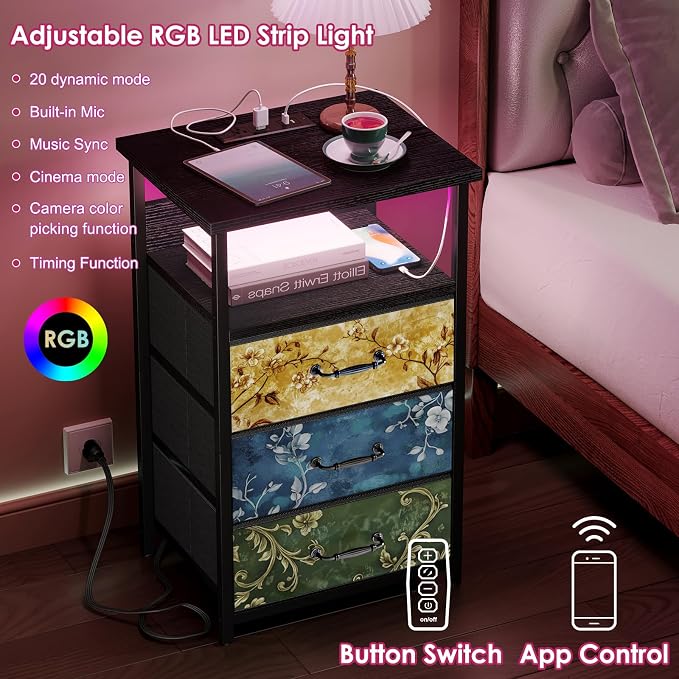 Fixwal Night Stand with Charging Station, LED Nightstand with U-S-B Ports and Outlets, 3 Fabric Storage Drawers with PU Finish, Bedside Table, Vintage Flower - Image 4