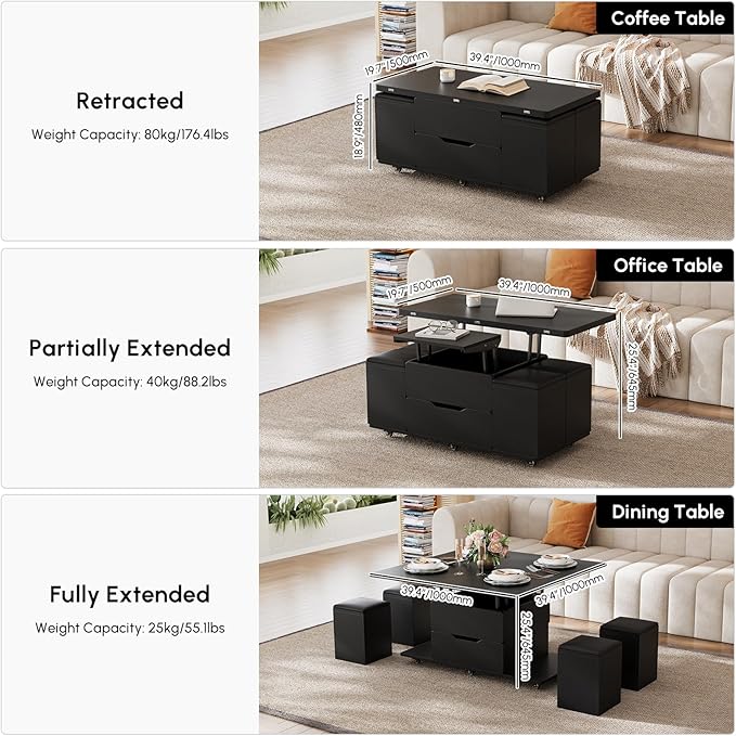homary Coffee Table with Stools, Black 3-in-1 Modern Lift-Top Folding Center Table with Hidden Storage, Casters, and Lockable Wheels ¨C Convertible Dining & Office Table for Living Room