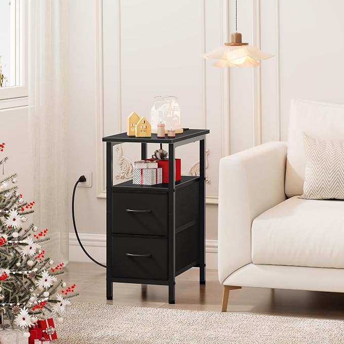 Vagusicc End Table with Charging Station Set of 2, Narrow Side Table, 23.8'' Tall Nightstand with 2 Drawers, Small Sofa Side Table Narrow Nightstand for Small Spaces, Living Room, Bedroom, Black - Image 9