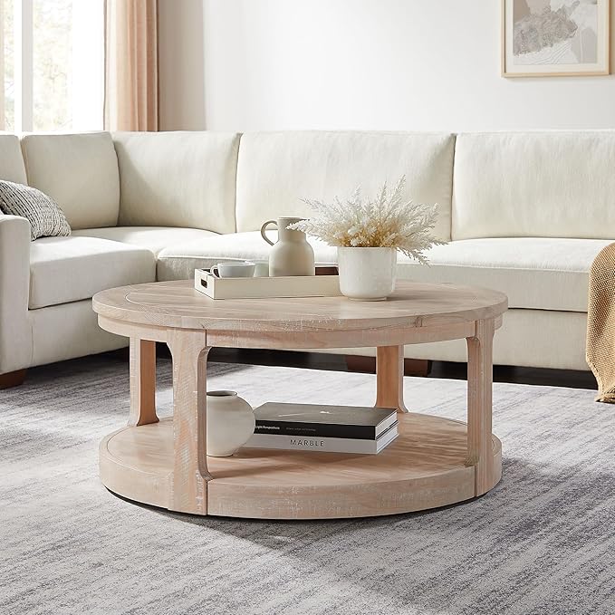 KEVINSPACE Round Coffee Table 40" Circle Coffee Table for Living Room 2-Tier Solid Wood Desktop Center Table Modern Design Accent Center Table Home Furniture for Bedroom, Home Office Oak