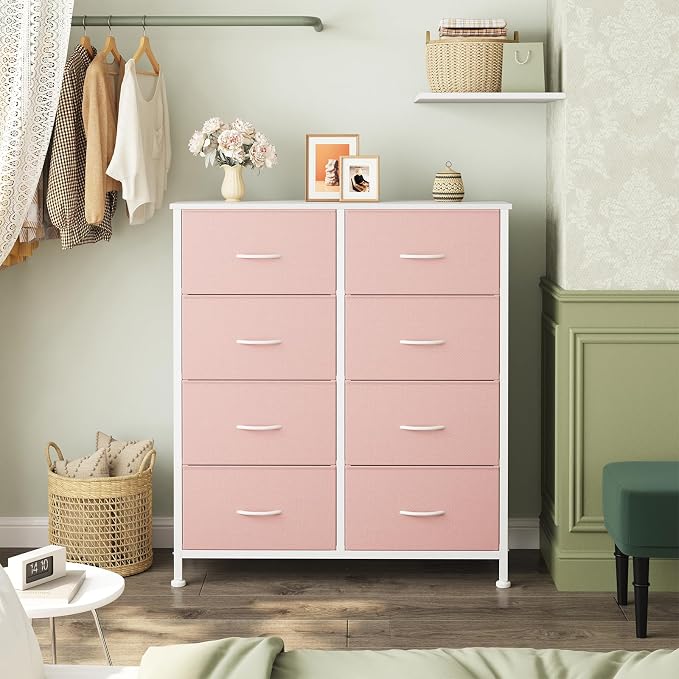 Sweetcrispy 8 Drawer Fabric Dresser for Bedroom, Tall Double Dresser Chest of Drawers with Sturdy Steel Frame and Wooden Top, Closet Living Room Storage Organizer with Easy Pull Handles,Pink - Image 2