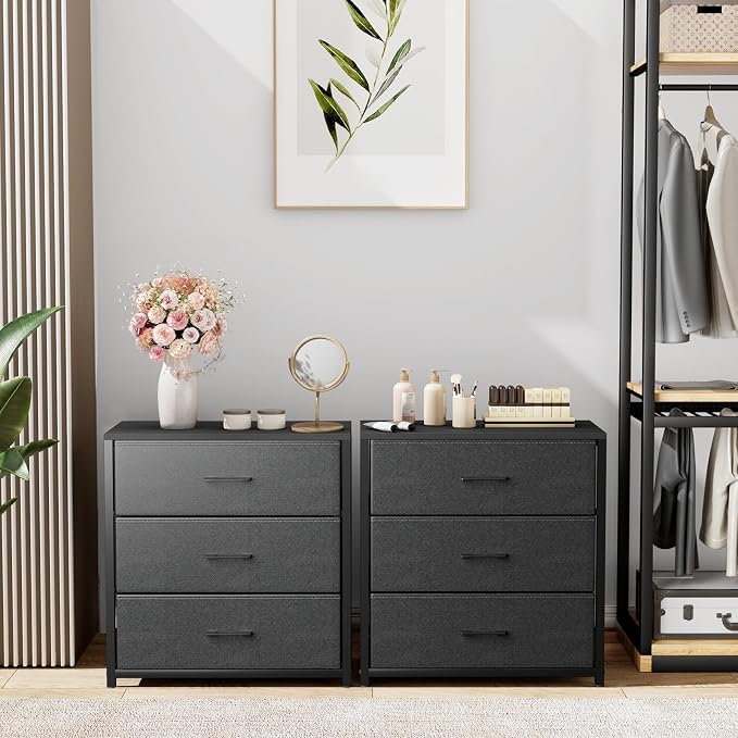 Memobarco Nightstand with 3 Drawers for Bedroom, Storage Dresser with Fabric Drawers and Metal Frame for Closet, Living Room, Bedside Table with Wood Top, Easy Pull Handle, Black - Image 9