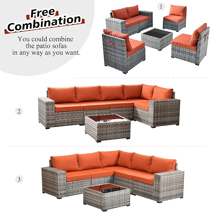 HOOOWOOO 9 Piece Modular Patio Outdoor Sectional Furniture Set with Gas Propane Fire Pit Table,Wicker Conversation Sofa Set with Swivel Chairs,Outside Couch Set(Orange Red)