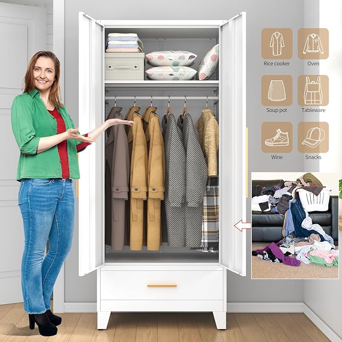 75.3" Tall Metal Armoire Wardrobe Closet with Mirror Doors and Drawer, Adjustable Hanging Rod and Adjustable Shelf, Freestanding Storage Cabinet Organizer for Bedroom, Office, Laundry Room, White
