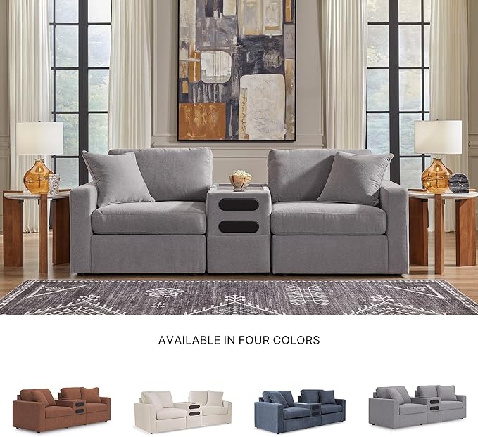 Signature Design by Ashley Modmax Casual Modular Stain Resistant 3-Piece Sectional with Audio Console, Drawer Storage, USB Ports and 2 Accent Pillows, Gray