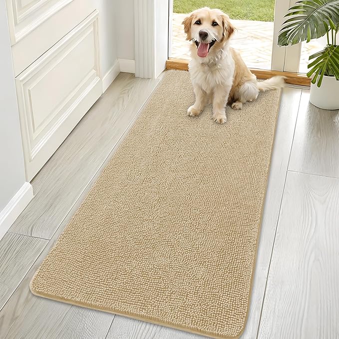 OLANLY Dog Door Mat for Muddy Paws 70x35, Absorbs Moisture and Dirt, Absorbent Non-Slip Washable Doormat, Quick Dry Chenille Mud Mat for Dogs, Entry Indoor Entryway Carpet for Inside Floor, Beige by OLANLY