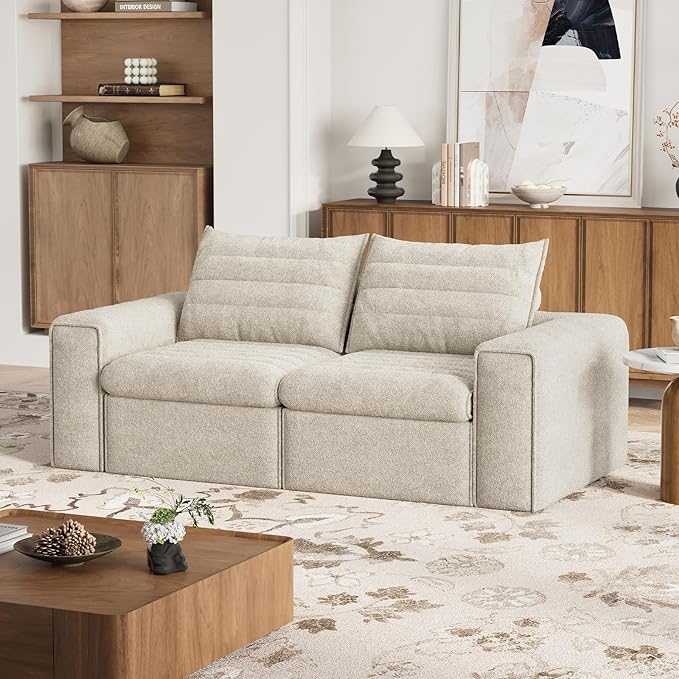 77" Cloud Loveseat Sofa, Deep Seat Couch with Pillows, Modern Comfortable Upholstery Boneless Sofa, 1 piece for Living Room, Bedroom, Apartment, Removable Cover，No Assembly Required, Apricot
