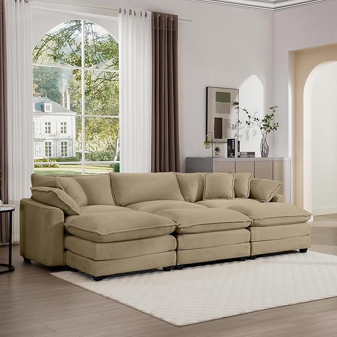 KEIKI 115" Oversized Corduroy Modular Sectional Sofa with 3 Ottoman, High-Density Foam Cushions, Removable Armrests, Upholstered 3-Seater Fluffy Corner Couch with 5 Pillow, for Living Room, Tan