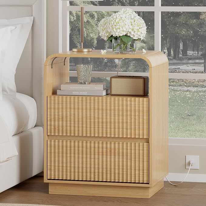 Wodeer Natural Oak Nightstand with Charging Station, Mid Century Modern Bedside Table & End Table, Fluted Wood Small Night Stand with 2 Hidden Drawers and Storage Shelf for Bedroom by WODEER