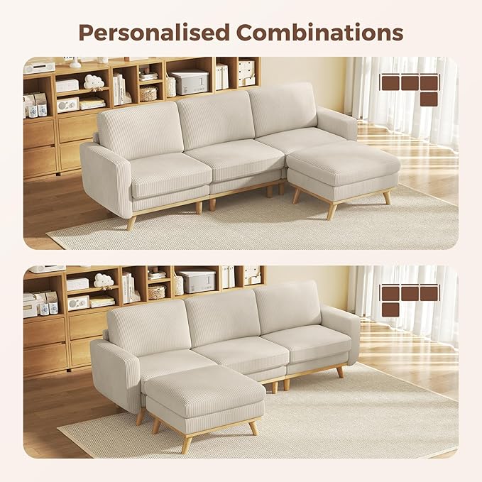 97" Light Gray Corduroy Modular Sectional Sofa, L-Shaped Couch with Movable Ottoman & Spring Cushion, Deep Seat Modular Sofa for Living Room Bedroom Apartment