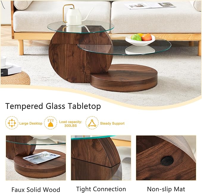 35.4" Glass Coffee Table, Round Coffee Table, 2-Tier Tempered Glass Tabletop with Walnut Base, Modern Center Table for Living Room, Home, Apartment, Ideal for Small Space