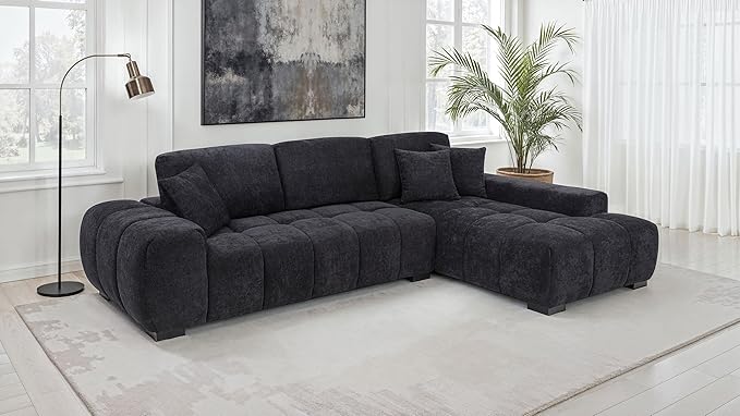 Coaster Home Furnishings - Octavia - Wood - Upholstered Sectional Sofa with Waterfall Seating, Grid Tufting, Reversible Back Cushions and Accent Pillows - Living Room - Black - 511061