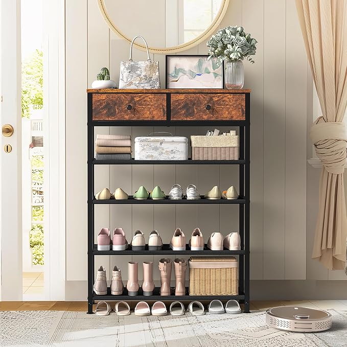 usikey Shoe Rack, 5 Tier Shoe Storage Organizer with 2 Drawers, Metal Shoe Shelf for 12-16 Pairs of Shoes, with 4 Oxford Fabric Shelves and Wooden Top, Shoe Stand for Closet Entryway, Rustic Brown - Image 2