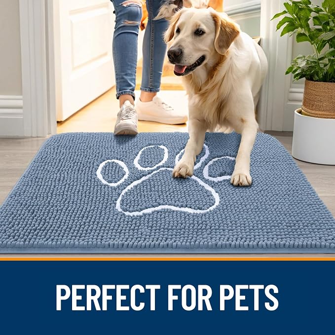 OLANLY Dog Door Mat for Muddy Paws 35x24, Paw Print Design, Absorbs Moisture and Dirt, Non-Slip Washable Doormat, Quick Dry Chenille Mud Mat, Entry Indoor Entryway Carpet, Airy Blue and White - Image 6