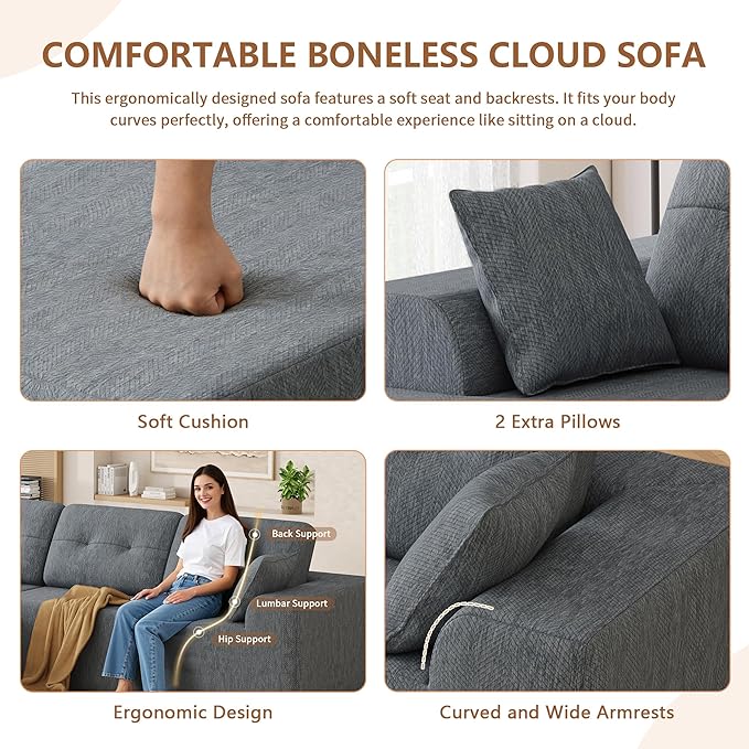 Ball & Cast 106" Cloud Modular Sectional Sofa, Boneless Chenille Couch with Deep Seat, Comfy L-Shaped Sectional, Modern Upholstered Sofa for Living Room, No Assembly (Gray, Left Facing Chaise)