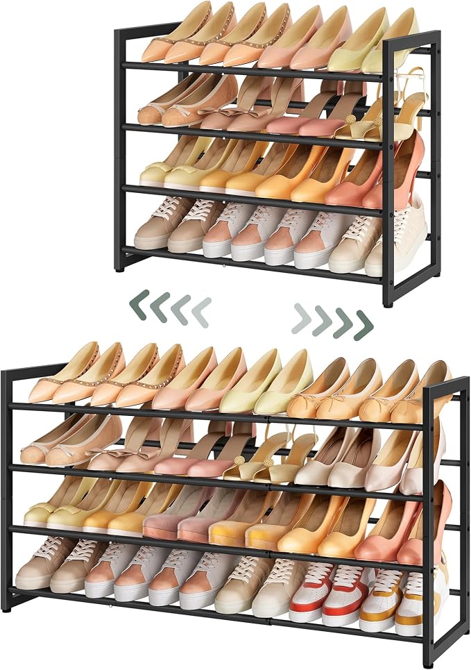 FAVOOSTY 4-Tier Expandable Shoe Rack, Adjustable Shoe Shelf Storage Organizer Space Saving Metal Free Standing Shoe Rack for Entryway Closet Doorway, Black by FAVOOSTY