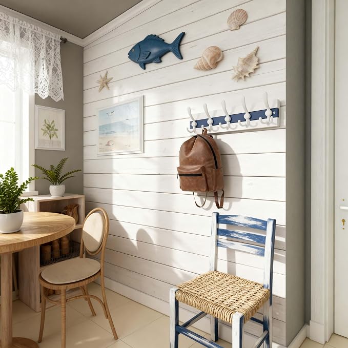 SKOLOO Coastal Wall Mounted Coat Rack - 16-7/8" Beach House Entryway Wooden Coat Hook with 5 Hooks for Hanging Coats, Hats or Towels, Oceanfront Cottage Core Collection, White & Blue - Image 3