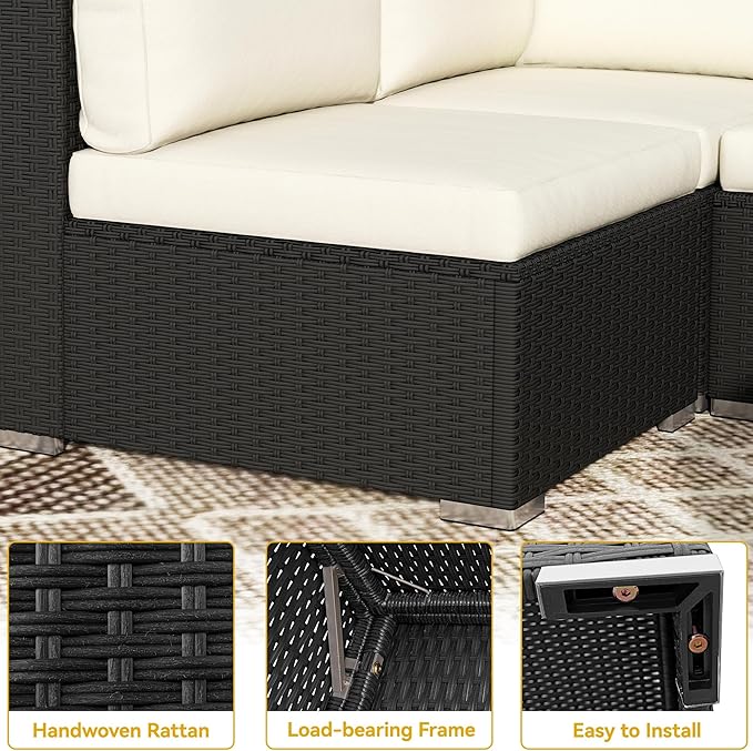 DWVO 7-Piece Patio Furniture Set, All-Weather PE Rattan Wicker Outdoor Sectional Sofa with Soft Cushions & Coffee Table, Patio Conversation Set for Backyard, Garden, Porch, Balcony (Beige+Black)