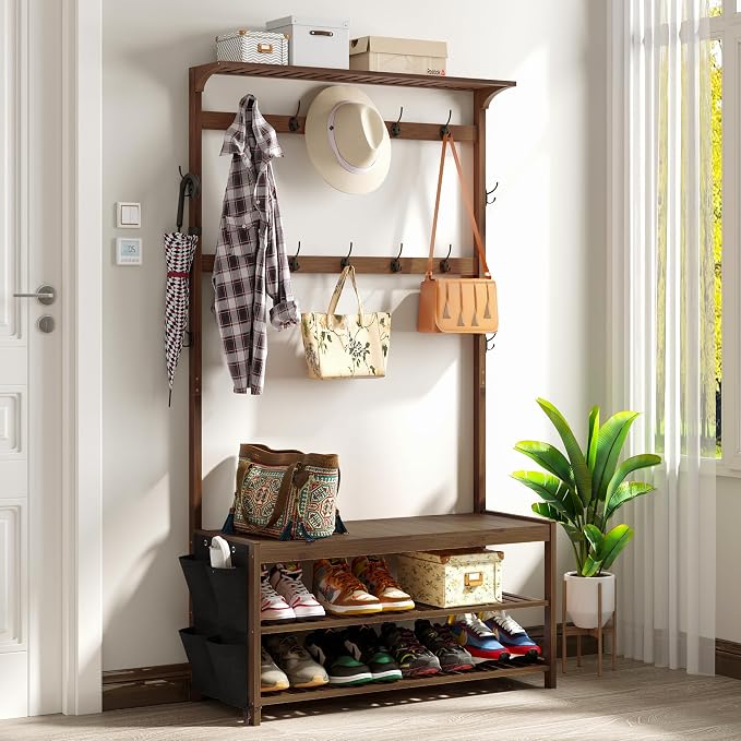 AMBIRD Hall Tree with bench and shoe storage, Entryway Bench with shoe storage, 6-in-1 Coat Rack with Cloth Bag and14 Coat Hooks, Sturdy Bamboo Frame, Large Size, Brown 39 * 15 * 70 Inches by AMBIRD