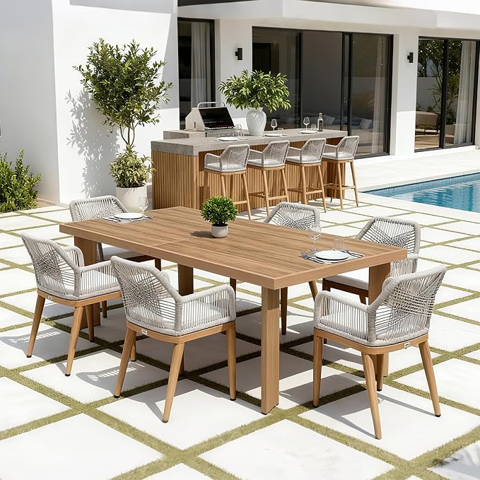 PURPLE LEAF 7 Pieces Patio Dining Set Aluminum Modern Rectangular Table and Rattan Arm Chairs with Cushions for Kitchen Porch Garden Outdoor Furniture Set with Bar Stools, Teak by PURPLELEAF