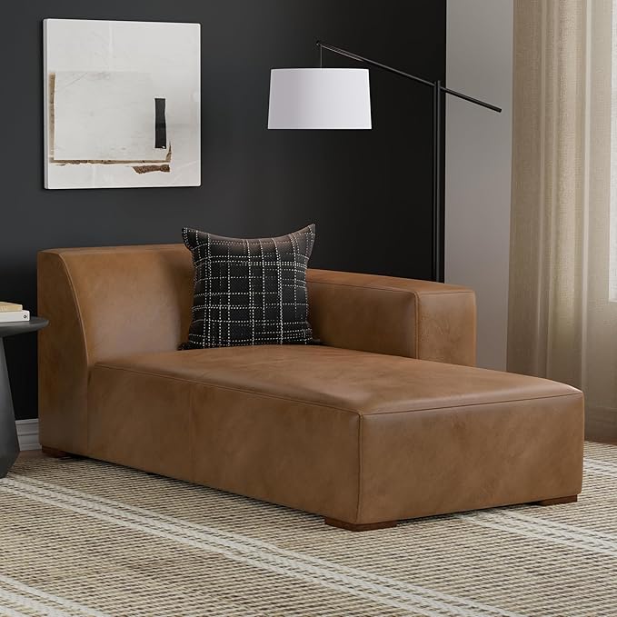 SIMPLIHOME Rex Right Chaise Sofa Module in Full-Grain Genuine Leather, Caramel Brown, 44-inches W x 69.5-inches D, Handcrafted Modern-Style Right-Arm Chaise Lounge Chair for Living Room