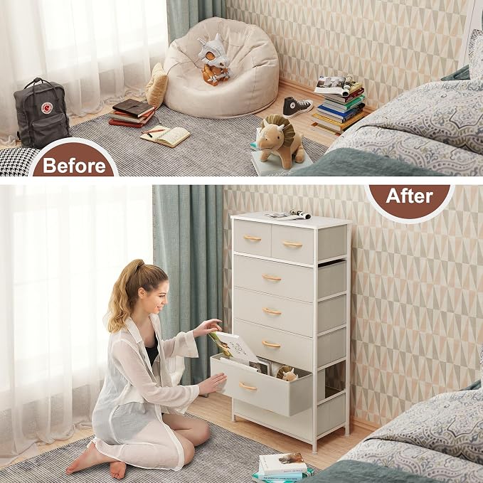 Crestlive Products Vertical Dresser Storage Tower - Sturdy Steel Frame, Wood Top, Easy Pull Fabric Bins, Wood Handles - Organizer Unit for Bedroom, Hallway, Entryway, Closets - 7 Drawers (Beige) - Image 6