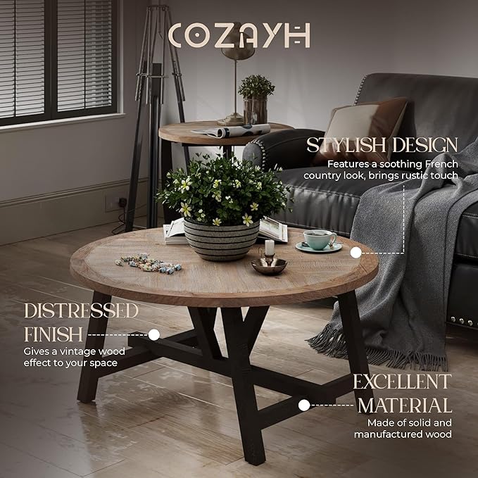 COZAYH Rustic Farmhouse End Table with Storage Shelf, French Country Modern Round Accent Side Table for Small Spaces, Wood Top & Black Base
