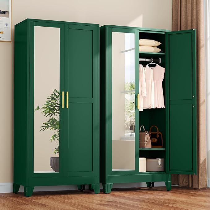 winiowa Metal Armoire Wardrobe Closet with 2 Mirror Doors, 71" Wardrobe Cabinet with Adjustable Shelves and Hanging Rod, Clothing Storage Cabinet Closet with Mirror for Bedroom-Green