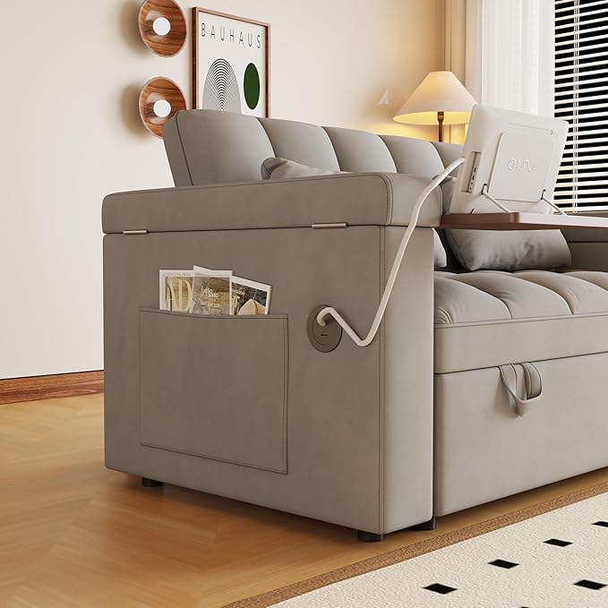 Convertible Sofa Bed, 5-in-1 Pull Out Couch with Side Table, Loveseat Sleeper Sofas Bed Couch with USB Port, 65‘’ Velvet Pull Out Sofa Beds for Living Room, Bedroom, Apartment
