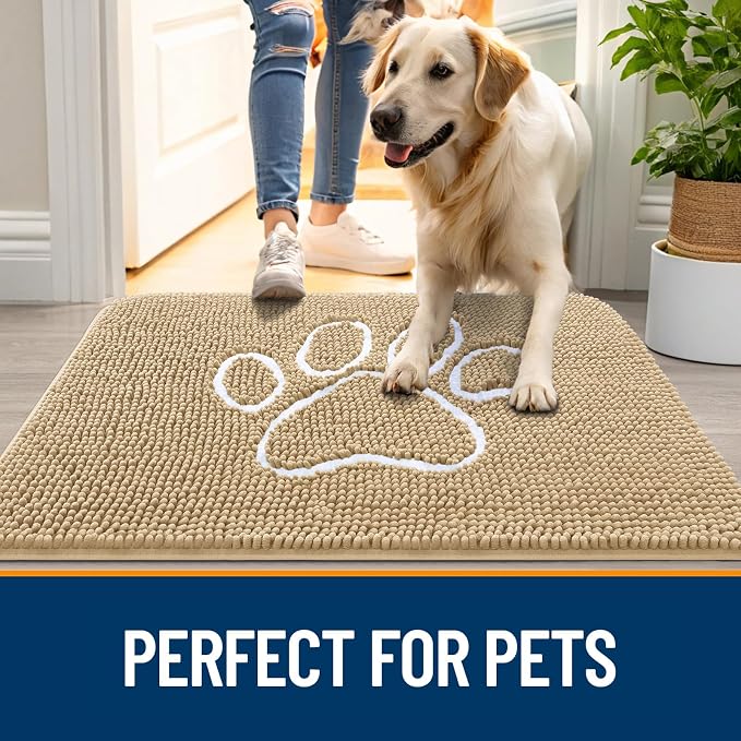 OLANLY Dog Door Mat for Muddy Paws 59x32, Paw Print Design, Absorbs Moisture and Dirt, Absorbent Non-Slip Washable Doormat, Quick Dry Chenille Mud Mat for Dogs, Entry Indoor Entryway Carpet, Beige - Image 6