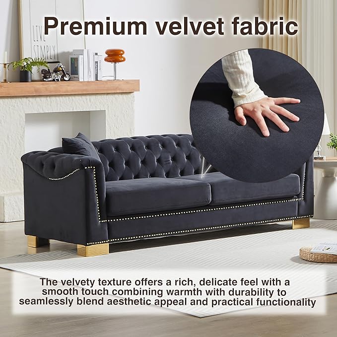 KEIKI 84" Chesterfield Sofa, Upholstered 3 Seat Couch with Rolled Arm for Living Room, Bedroom, Office, Black