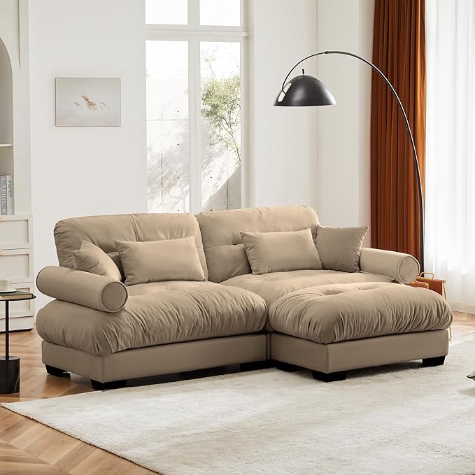 KEIKI 94" L-Shaped Oversized Velvet Modular Sectional Loveseat Sofa with 1 Ottoman, High-Density Foam Cushion, Bolstered Armrest, Upholstered 2-Seater Cloud Couch with 4 Pillow, for Living Room, Camel