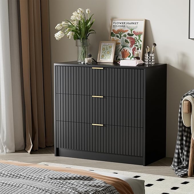 Furniway Black Dresser Bedroom Set 3 Pieces, Nightstands Sets of 2, 5 Drawer Dresser with Gold Handles for Bedroom