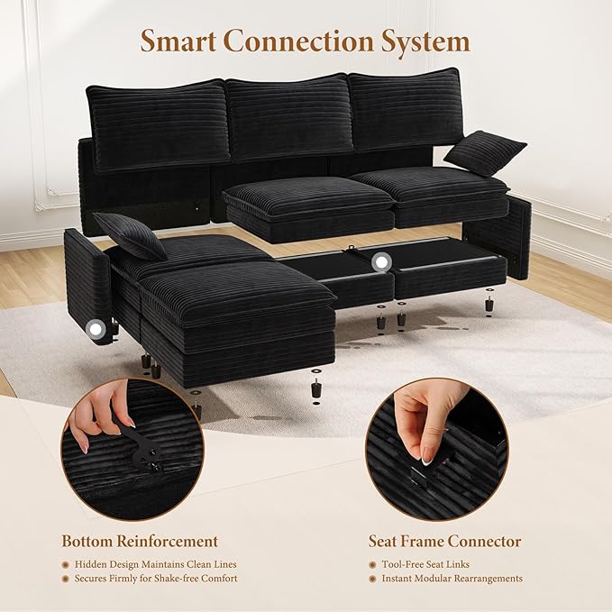 Vesgantti 108" Sectional Sleeper Sofa, 6-Seater Oversized Modular Cloud Couch with Movable Ottoman, Corduroy Large Sofa Bed Convertible Deep Seat Couches for Living Room, Bedroom and Apartment, Black