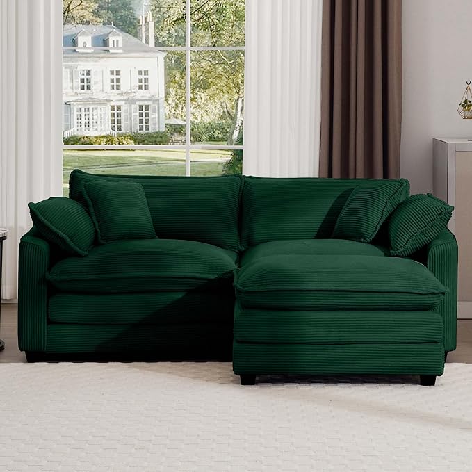 KEIKI 80" L-Shaped Oversized Corduroy Modular Sectional Loveseat Sofa with 1 Ottoman, High-Density Foam Cushions, Removable Armrests, Upholstered 2-Seater Couch with 4 Pillow, for Living Room, Green