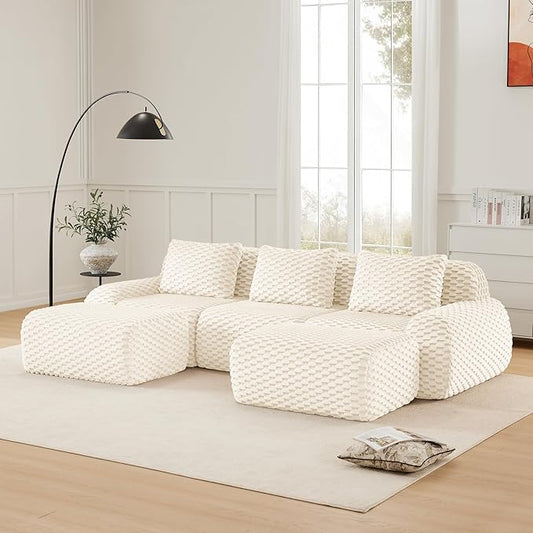 114" U-Shaped Compressed Sectional Cloud Sofa, Flannel Upholstered Modular Deep Seat Sofa with 5 Pieces, Symmetrical Boneless Foam Modular Cloud Couches for Living Room