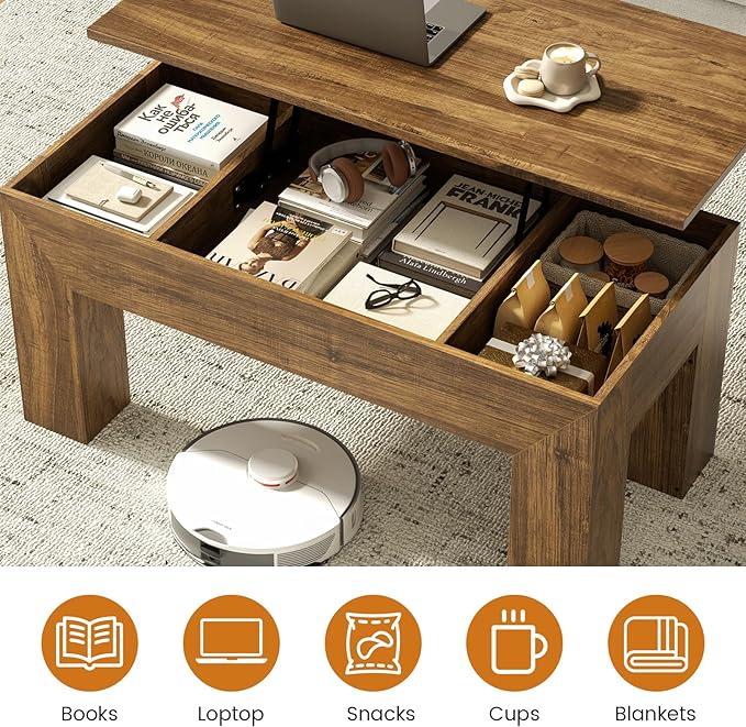 FABATO 41.7'' Lift Top Coffee Table, Wooden Rectangle Coffee Table with Hidden Storage, Large Center Table Adjustable Height Sofa Table for Living Room Office Apartment, Brown