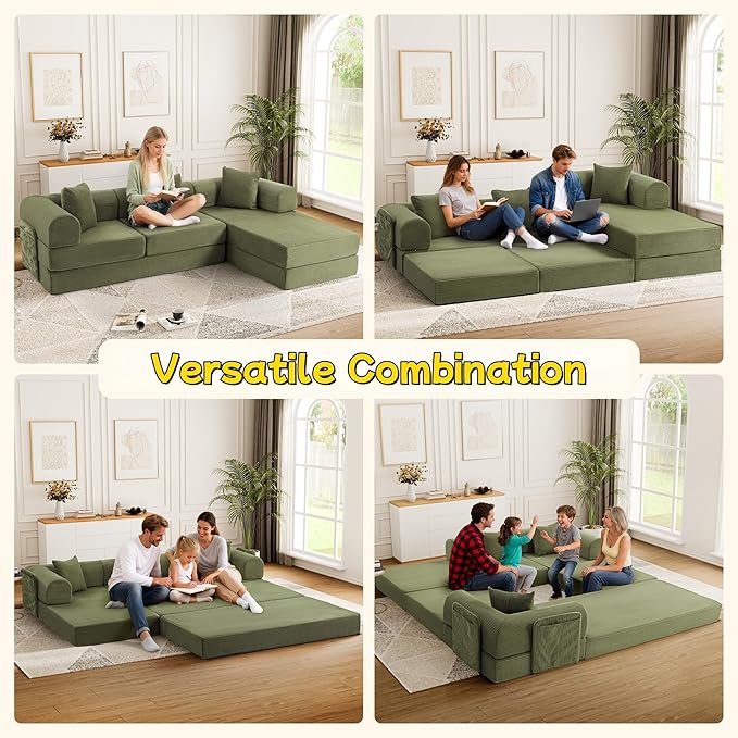 106.3" L Shape Convertible Sleeper Sofa Bed, Oversized Modular Sectional Cloud Sofa with Fixed-Shape Frame & Storage Pocket, Boneless Couch for Living Room, No Assembly Required, Green