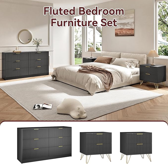 6 Drawer Dresser and Nightstand Sets for Bedroom, 3 Pcs Bedroom Set, Night Stand Set of 2 & 6 Drawer Dresser with Gold Handles, Modern Wood Chest of Drawers Storage Cabinet Set, Black