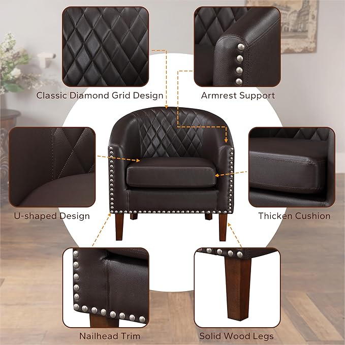 Prilinex Comfy Barrel Accent Chair Set of 8 - Faux Leather Living Room Chair Club Chair with Cushion, Diamond Grid Backrest & Nailhead Trim, Guest Chair for Office, Bedroom & Waiting Room, Brown