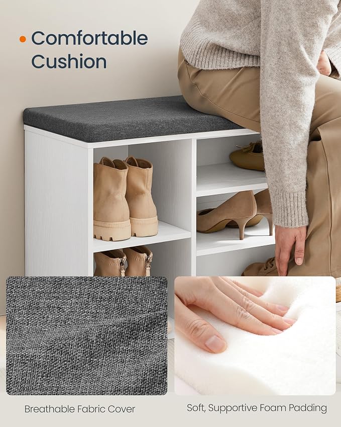 SONGMICS HOME Storage Bench, Superfast Toolless Assembly, 41" Wide Entryway Shoe Cubby Bench with Cushion & Adjustable Shelves, Window Shoe Rack Cabinet, Snow White and Slate Gray ULHS391WE02S - Image 6