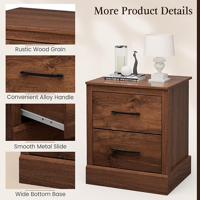 Giantex Farmhouse Nightstand, Wood Bedside Table with 2 Storage Drawers, Compact Floor Night Stand End Table, Walnut Accent Sofa Side Table for Bedroom - Image 5