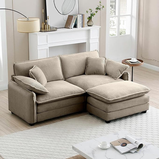 KEIKI 81" L-Shaped Oversized Corduroy Modular Sectional Loveseat Sofa with 1 Ottoman, High-Density Foam Cushions, Removable Armrests, Upholstered 2-Seater Couch with 4 Pillow, for Living Room, Tan