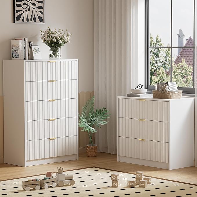 Furniway White Dresser Bedroom Set 3 Pieces, Nightstands Sets of 2, 5 Drawer Dresser with Gold Handles for Bedroom