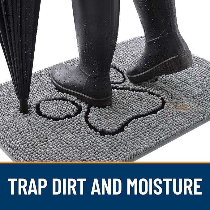 OLANLY Dog Door Mat for Muddy Paws 47x32, Paw Print Design, Absorbs Moisture and Dirt, Absorbent Non-Slip Washable Doormat, Quick Dry Chenille Mud Mat for Dogs, Entry Indoor Entryway Carpet, Grey - Image 2