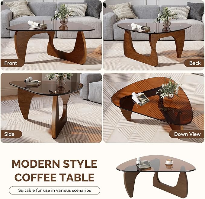 Modern Glass Coffee Table, Triangle Center Table with Tempered Glass Top& Unique Wooden Base, 31.5” Mid Century Tea Tables for Living Room, Apartment, Office,Walnut & Brown