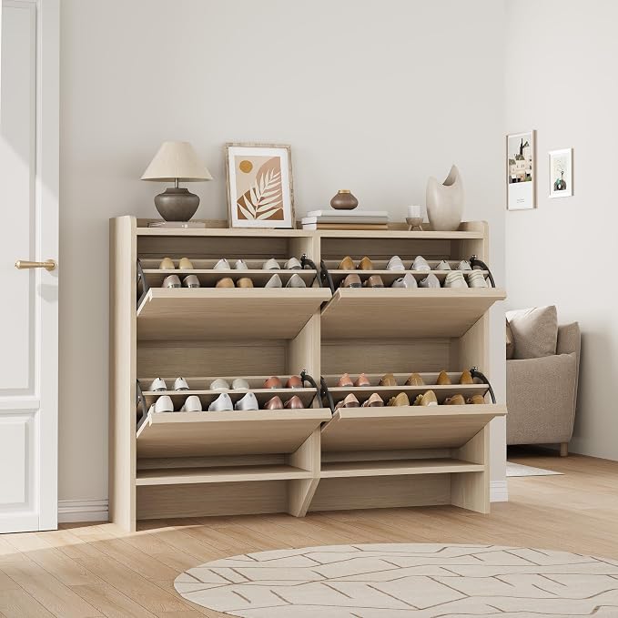 GarveeHome Shoe Cabinet with 4 Flip Drawers, Wooden Shoe Organizer Cabinet with Adjustable Shelf, Shoe Storage for Entryway, Hidden Shoe Cabinet for Hallway, Living Room, Natural Oak - Image 7