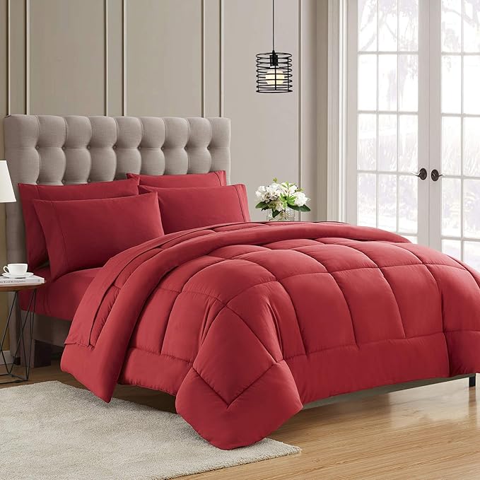 Down Alternative Comforter All Season Warmth Luxurious Plush Loft Microfiber Fill Duvet Insert Bedding, Queen, Burgundy (Pack of 8)